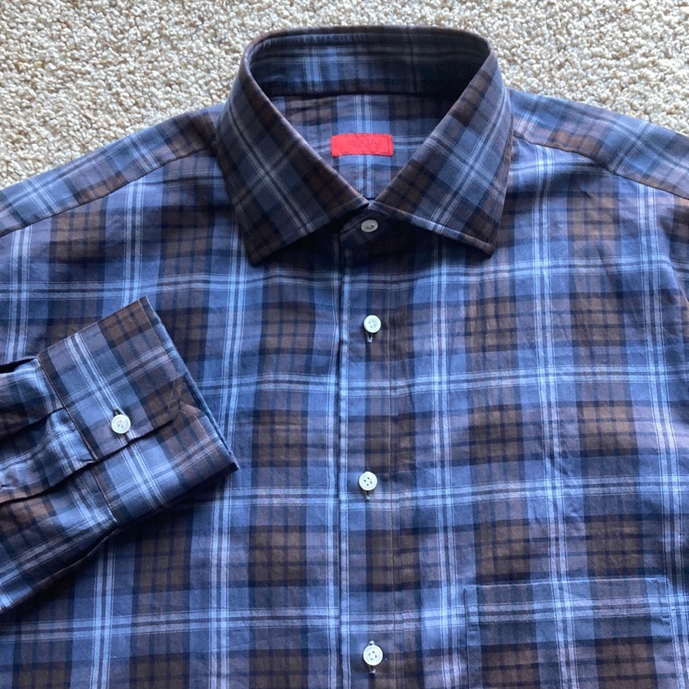 Isaia Napoli Blue Brown Plaid Check L/S Cotton Spread Collar Dress Shirt. 17.5
